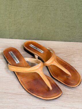 Manolo Blahnik Tan Leather Thong Slide Sandals